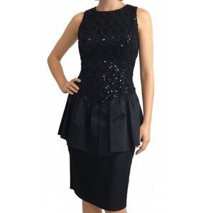Vintage 1960s  Black Open Back Sequins and Lace Peplum Cocktail Dress